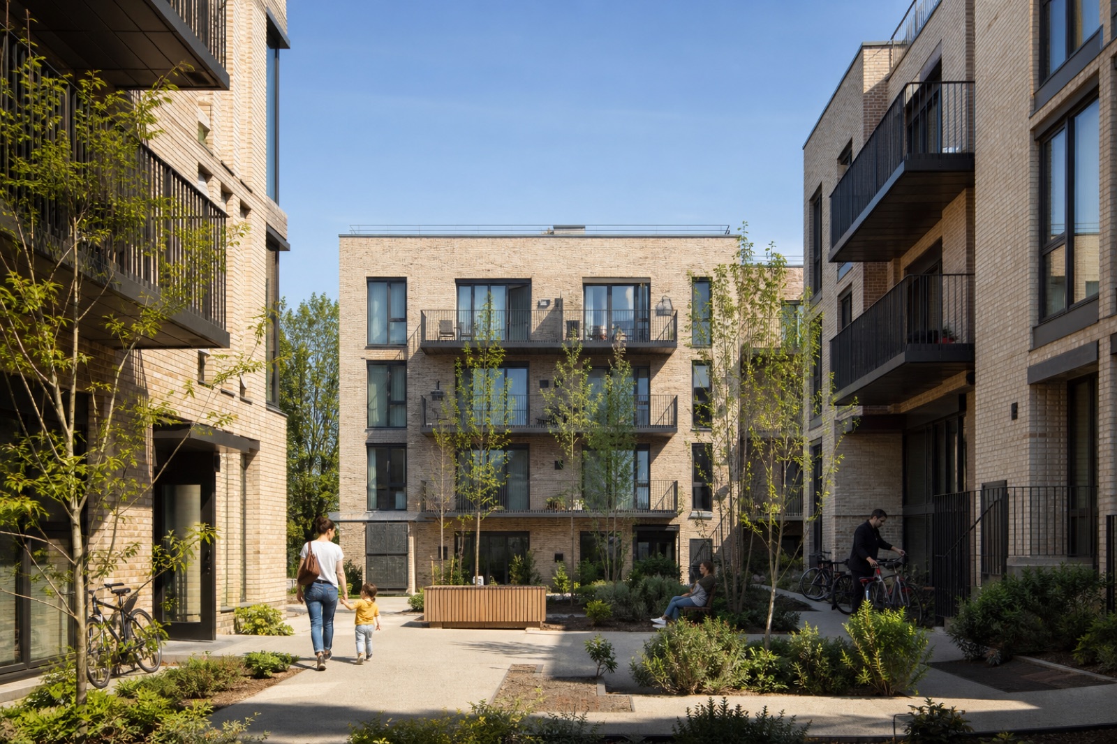 A completed British housing development with a shared planted courtyard